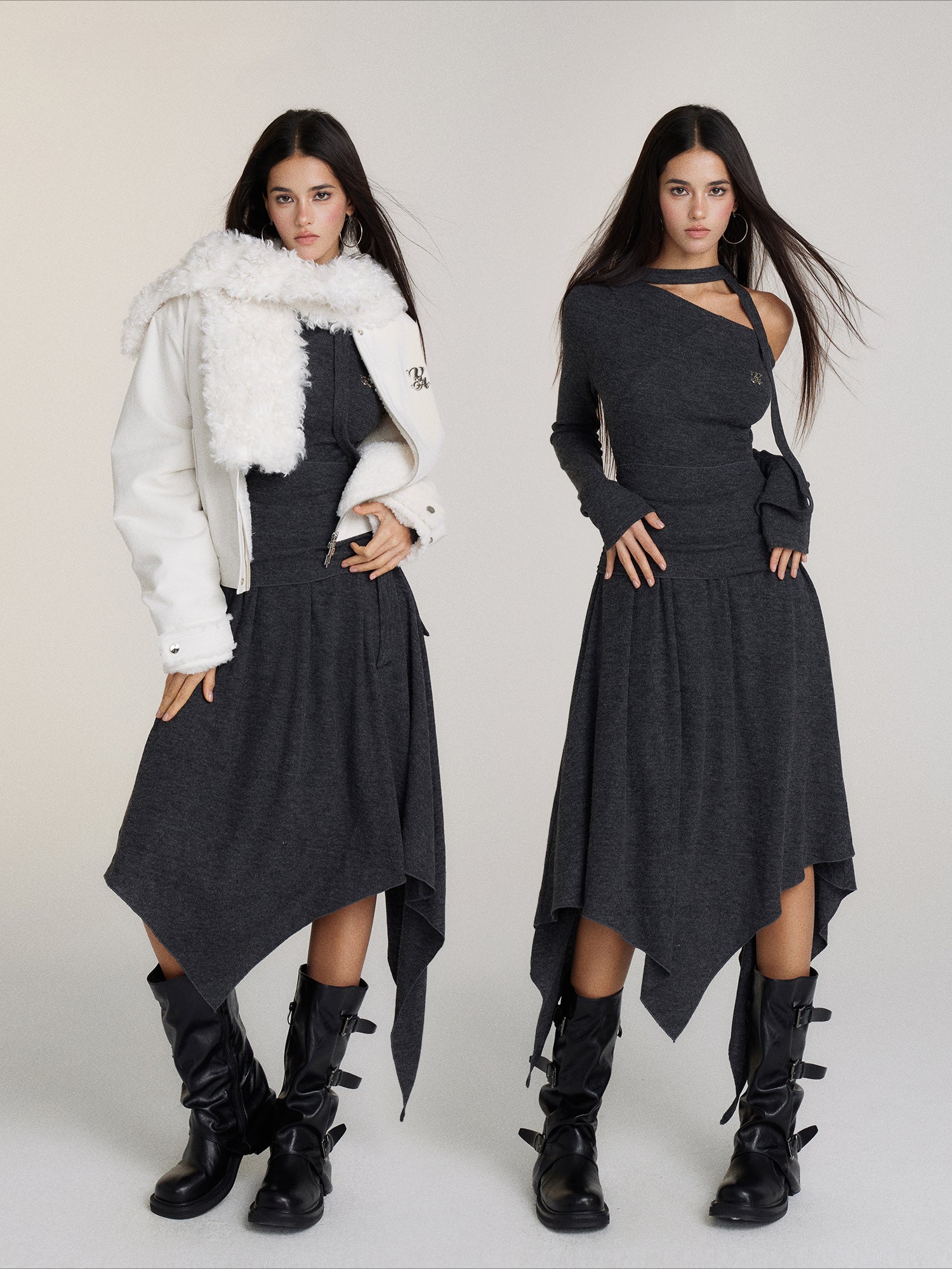 Waist-Cinched Irregular Hem Off-Shoulder Dress - CHINASQUAD