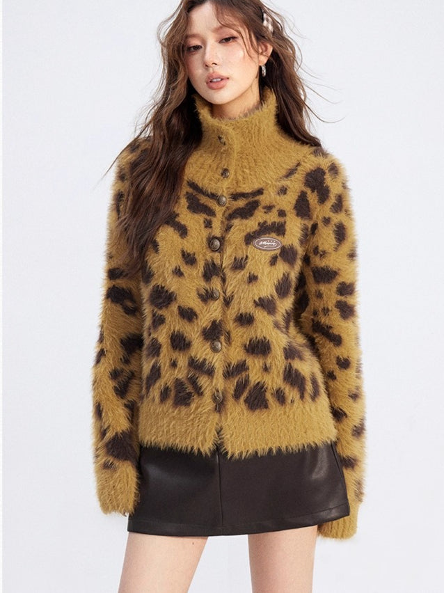 Leopard Mink-Plush Knit Sweater
