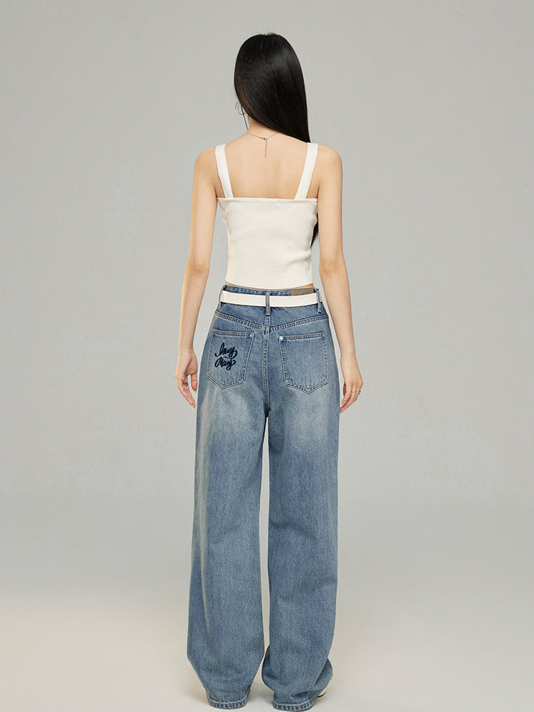 Letter Embroidery Wide-Leg Jeans - CHINASQUAD