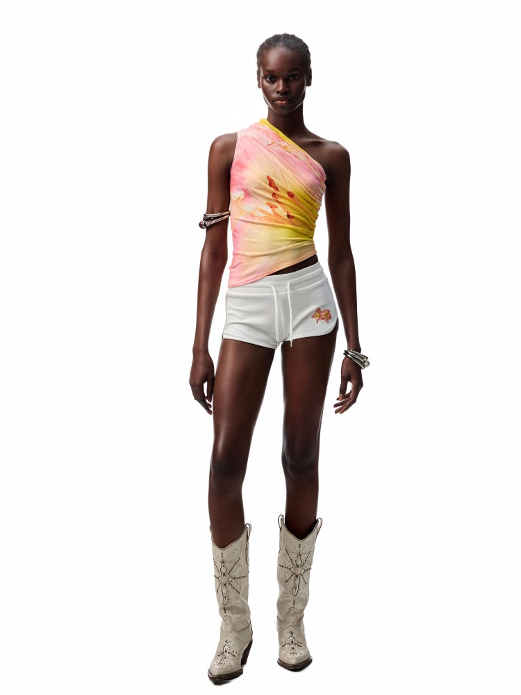 Slanted Shoulder Wrinkle-Printed Floral Vest - CHINASQUAD