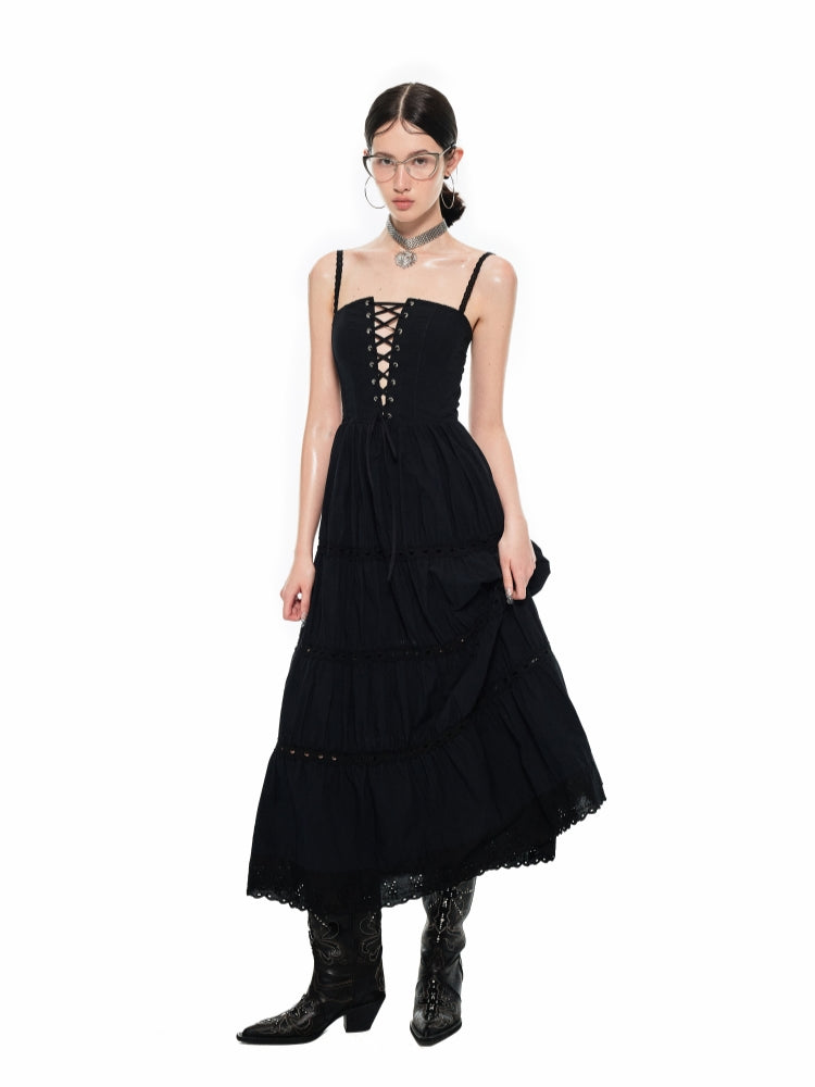Black & White Herringbone Tie-strap Dress - CHINASQUAD