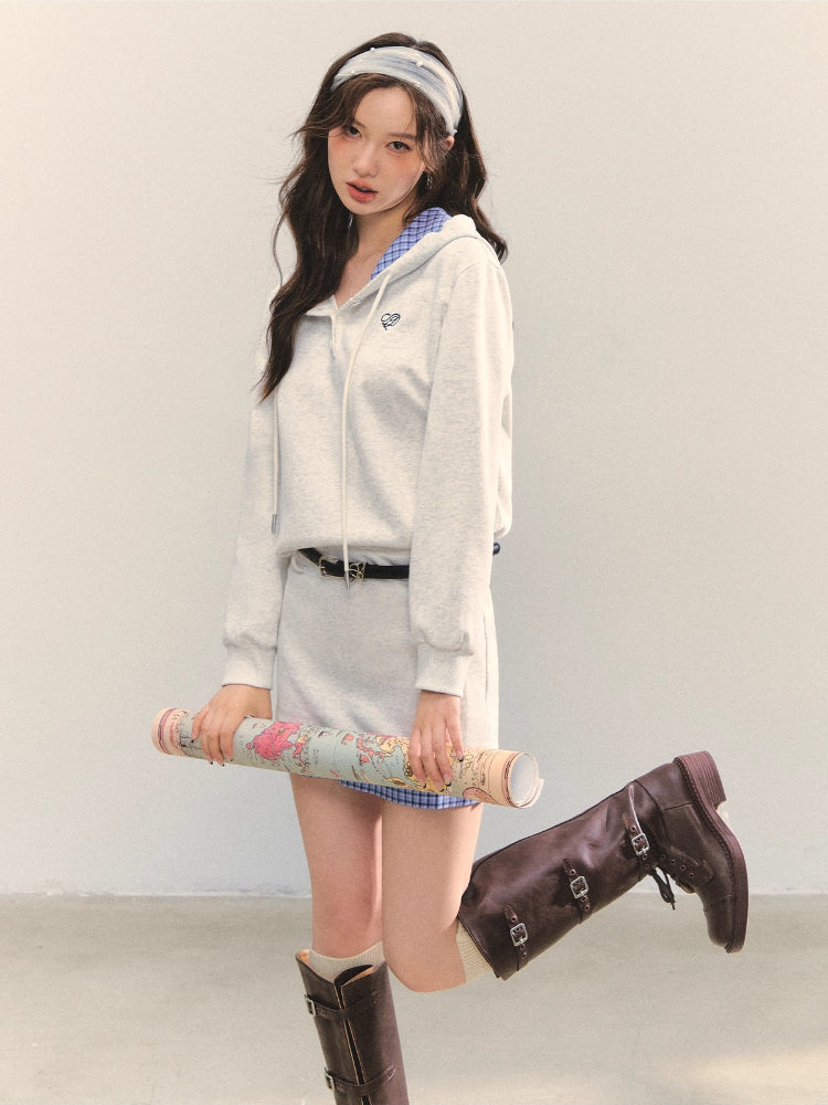 Plaid Splicing Embroidery Hooded Dress - CHINASQUAD
