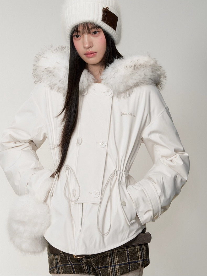 Faux Fur Collar Double-Breasted Down Parka Jacket - CHINASQUAD