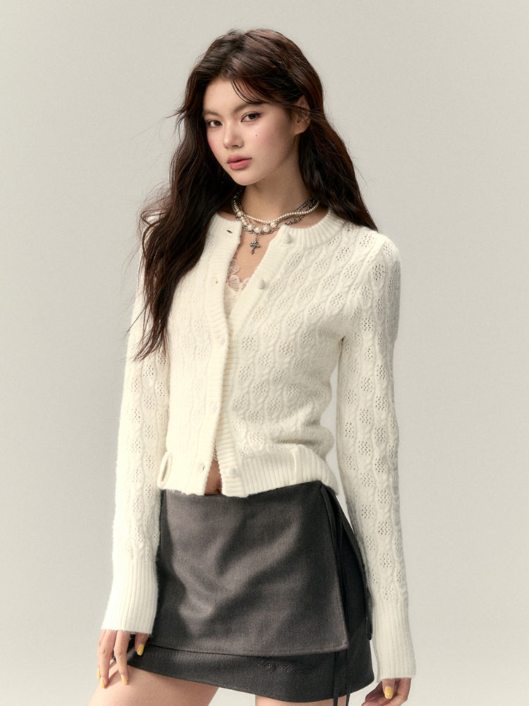 Belted Hollow Out Knit Sweater - CHINASQUAD