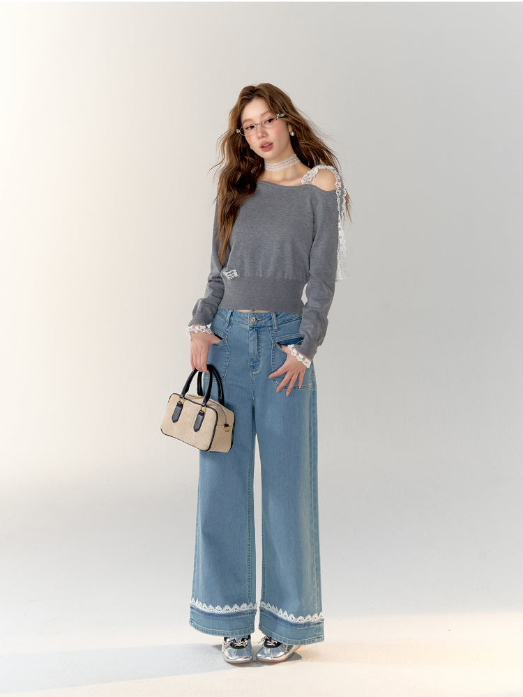 Lace Band Straight-leg Denim Jeans - CHINASQUAD