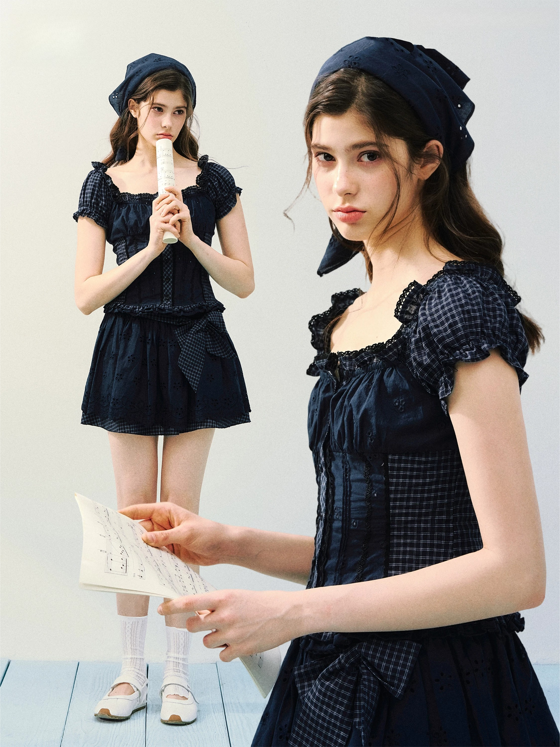 Vintage Plaid Lace Ribbon Two-Piece Set