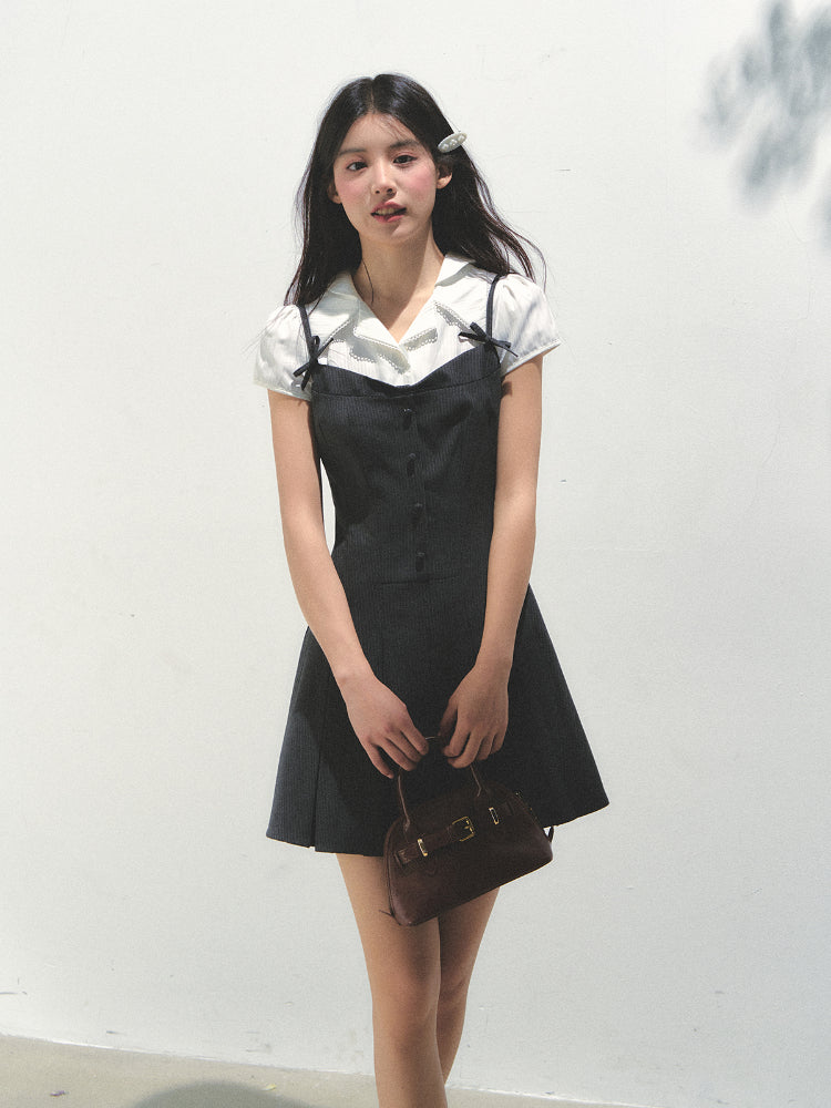 Academy Style Fake Two-piece Pleated Dress - CHINASQUAD