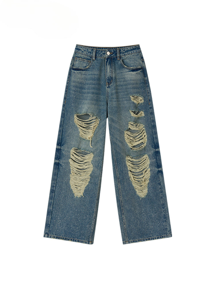 Blue Sparkly Ripped Jeans - CHINASQUAD