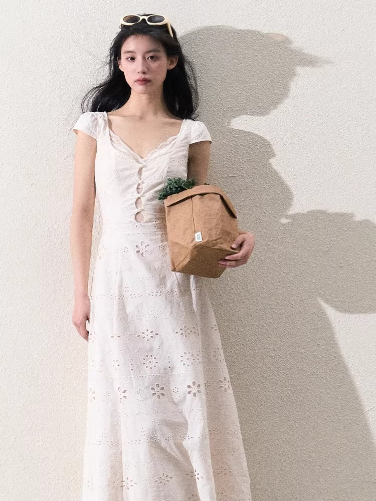 Cream White Lace-Panel Slim Fit Textured Dress