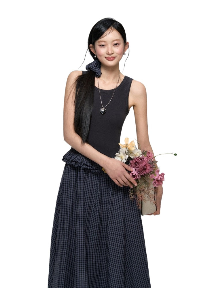 Ruffled Sleeveless Gingham Patchwork Dress - CHINASQUAD