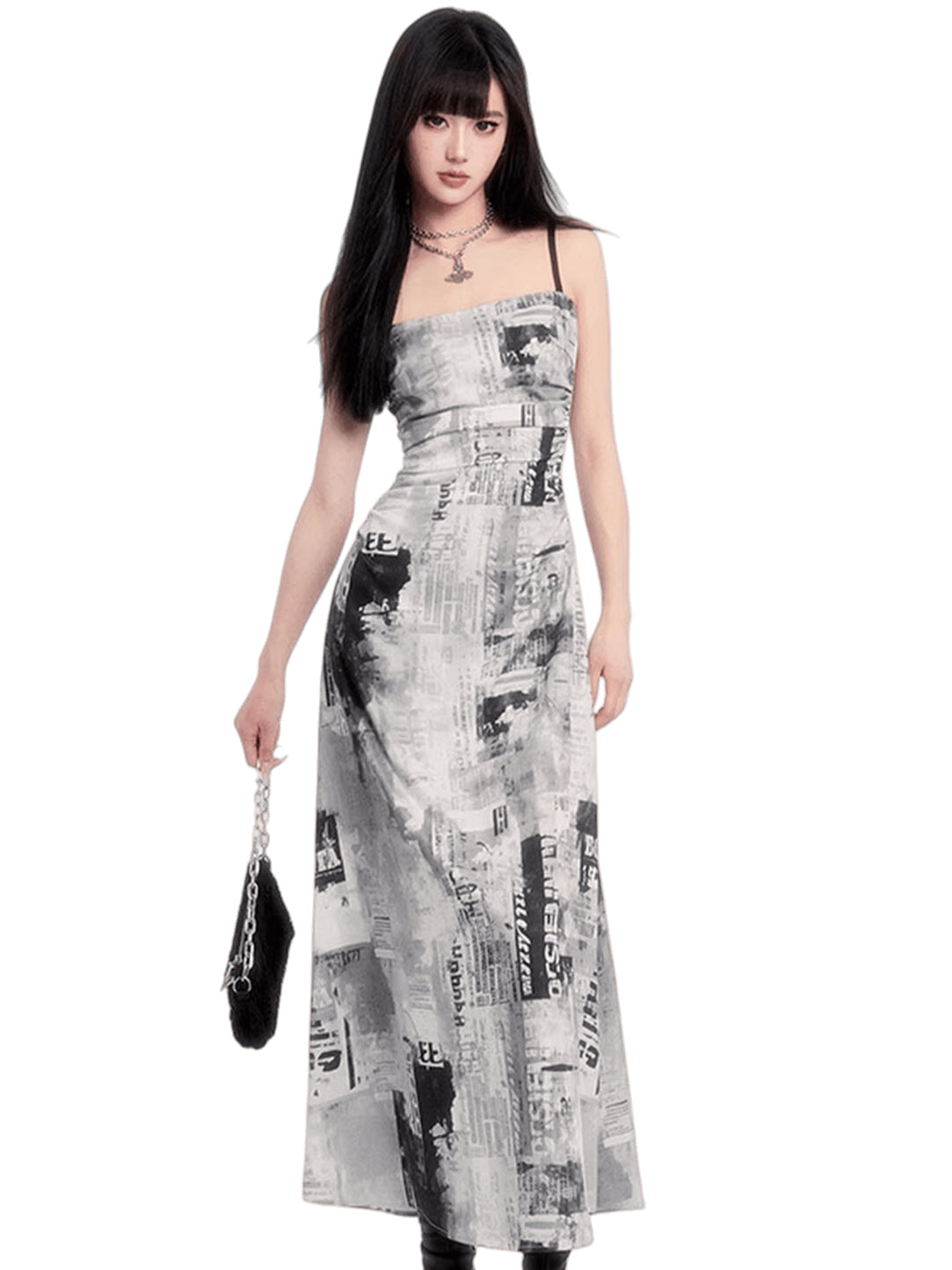 VOCK Graphic Camisole Slim-Fit Maxi Dress Gray / XS