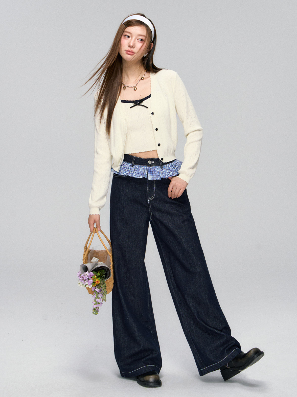 Ruffled Plaid Patchwork Straight Jeans - CHINASQUAD