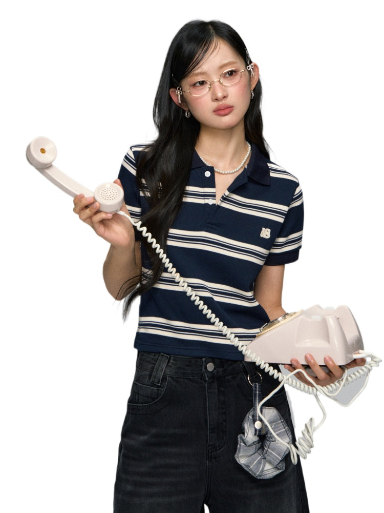 Polo-Collar Striped Color-Blocking T-shirt - CHINASQUAD