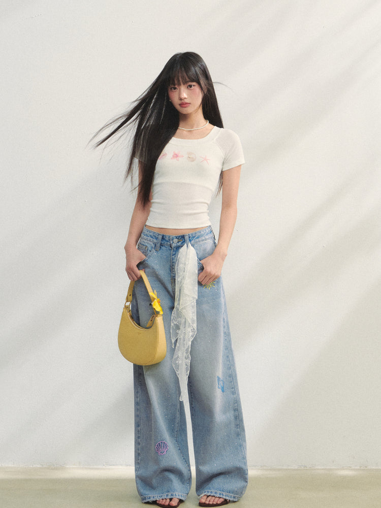 Crew Neck Printed Backless Embroidered T-Shirt - CHINASQUAD