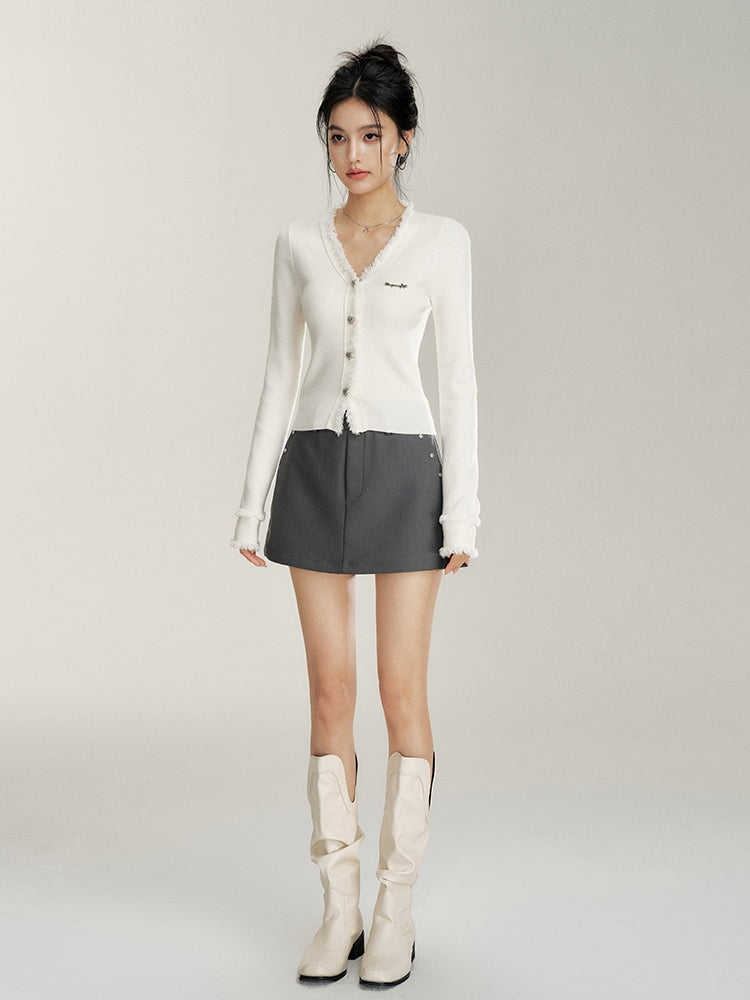 V-neck Frayed Knit Top - CHINASQUAD