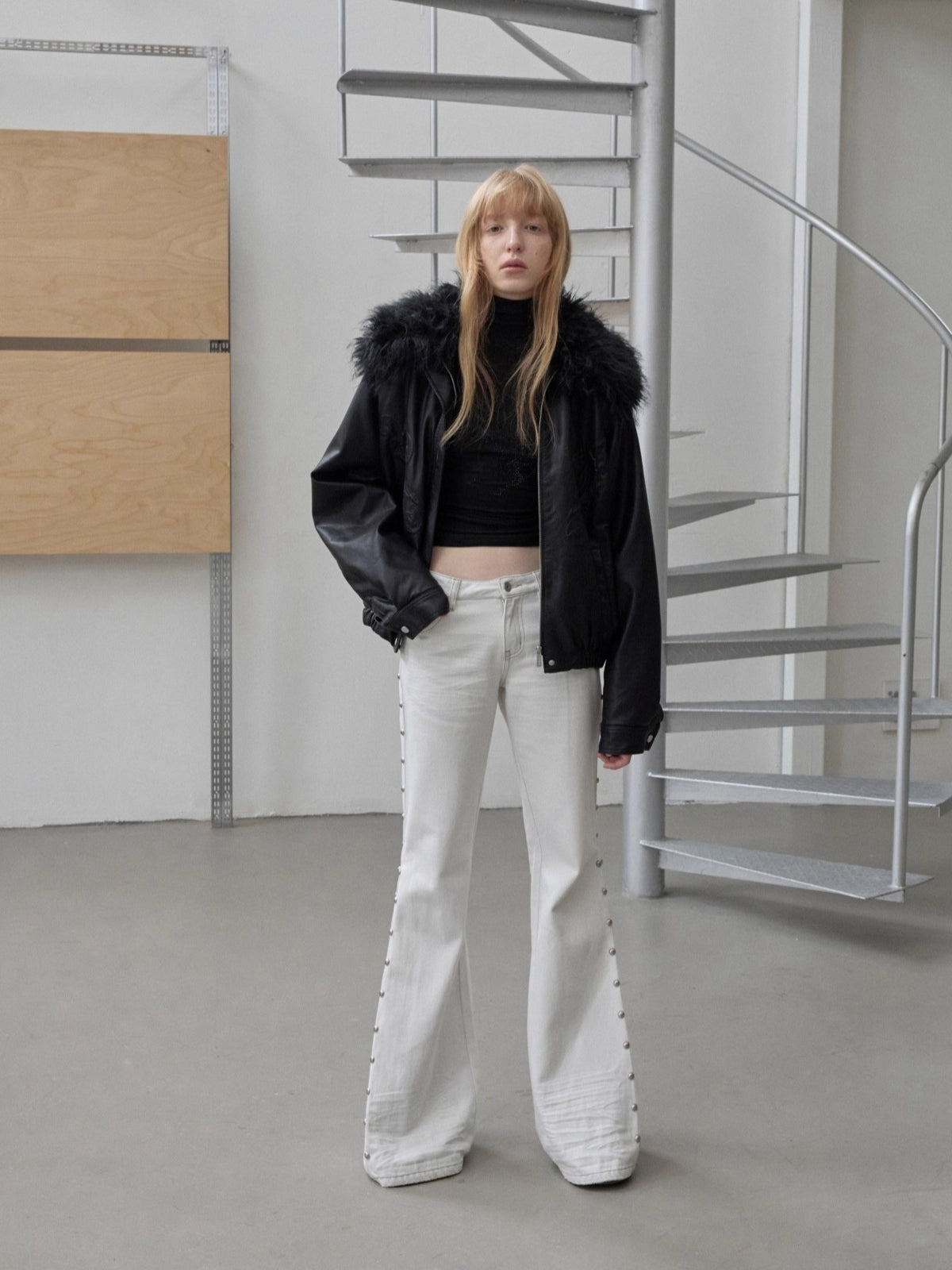 Embossed Faux Leather Puffer Detachable Fur Collar Jacket - CHINASQUAD