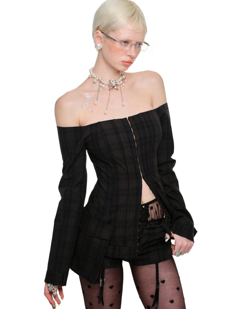 Green Check Off-Shoulder Plaid Blazer - CHINASQUAD