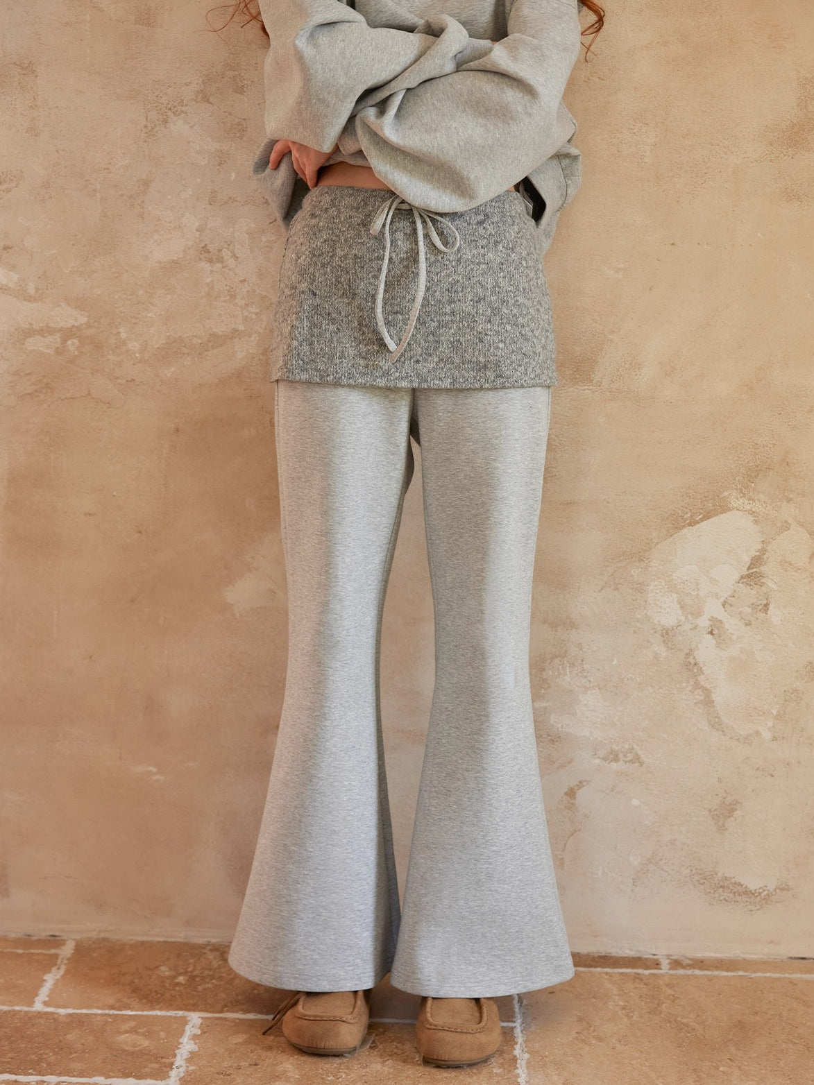 Grey Off-Shoulder Sweatshirt & Flared Pants Two-Piece Set