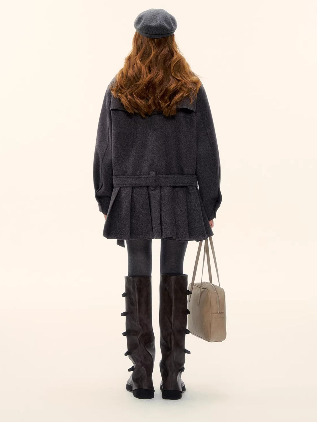 Pleated-Edge Down Wool-Blend Coat