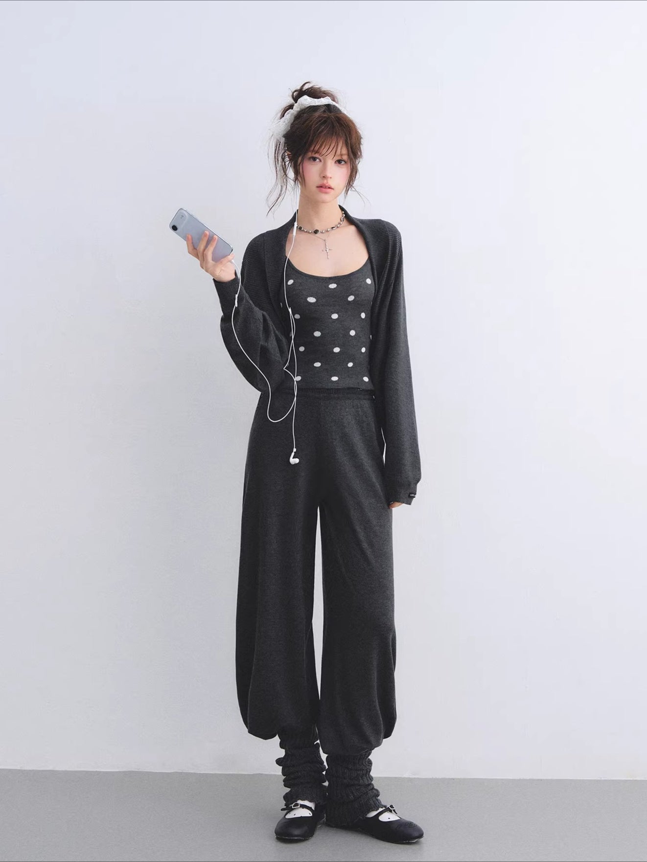 Contrast Polka Dot Cardigan & Cami Set