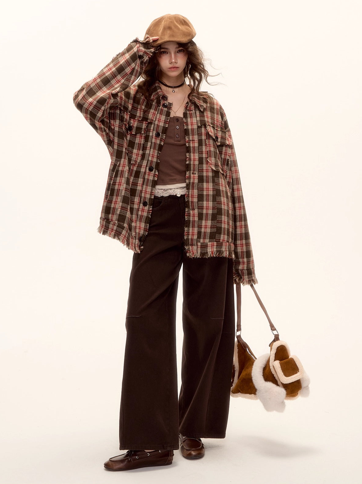 Wool Blend Checkered Contrast Fringe Shirt