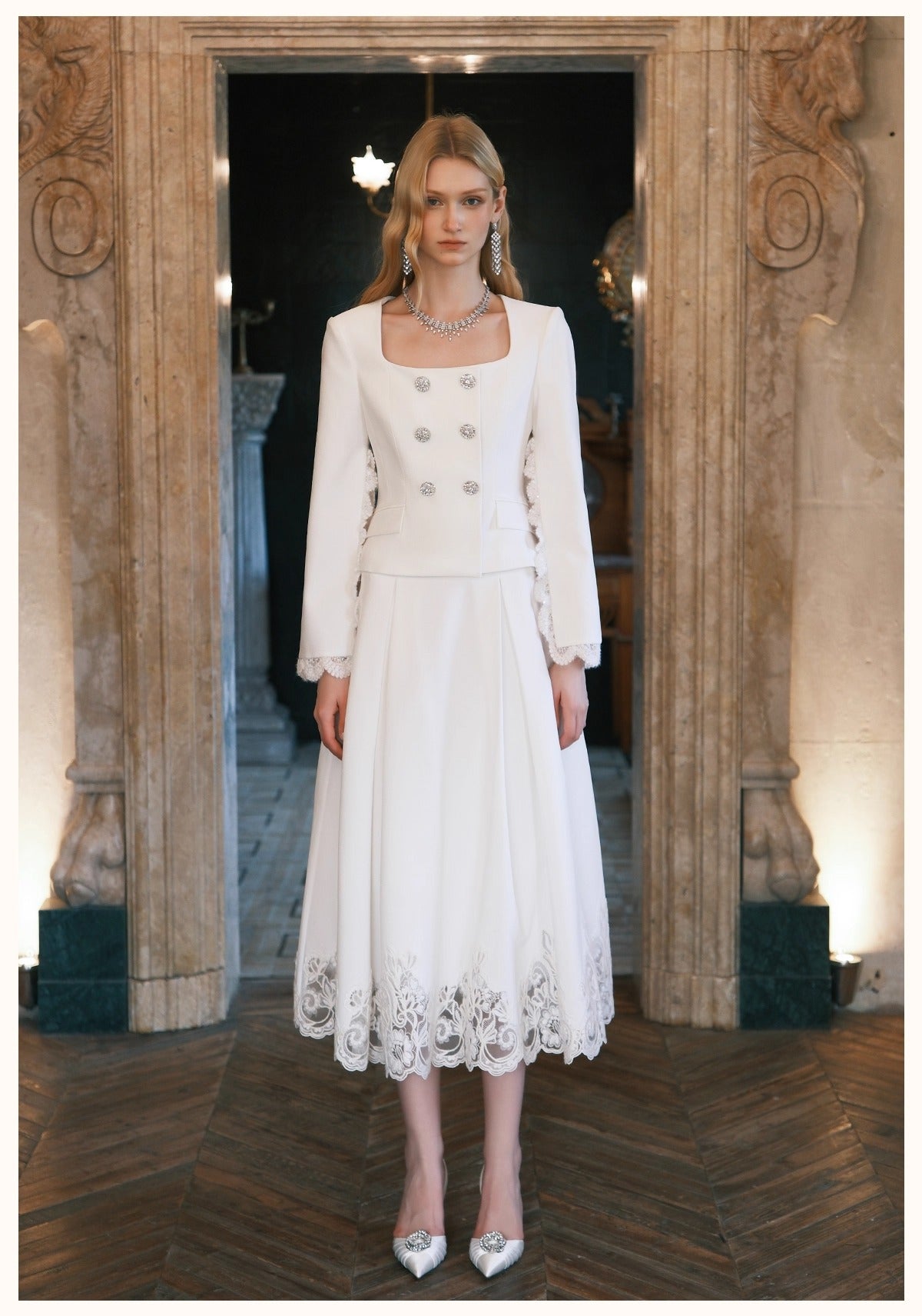 Mirage Vintage Lace-Collar Blazer & Flared Skirt Set - CHINASQUAD