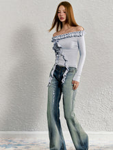 Washed Blue Reflective Foil Micro-flare Denim Trousers - CHINASQUAD