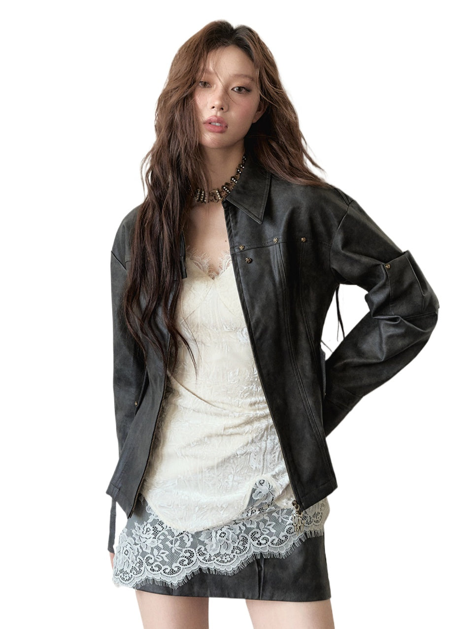 Dark Brown Studded PU Leather Jacket - CHINASQUAD