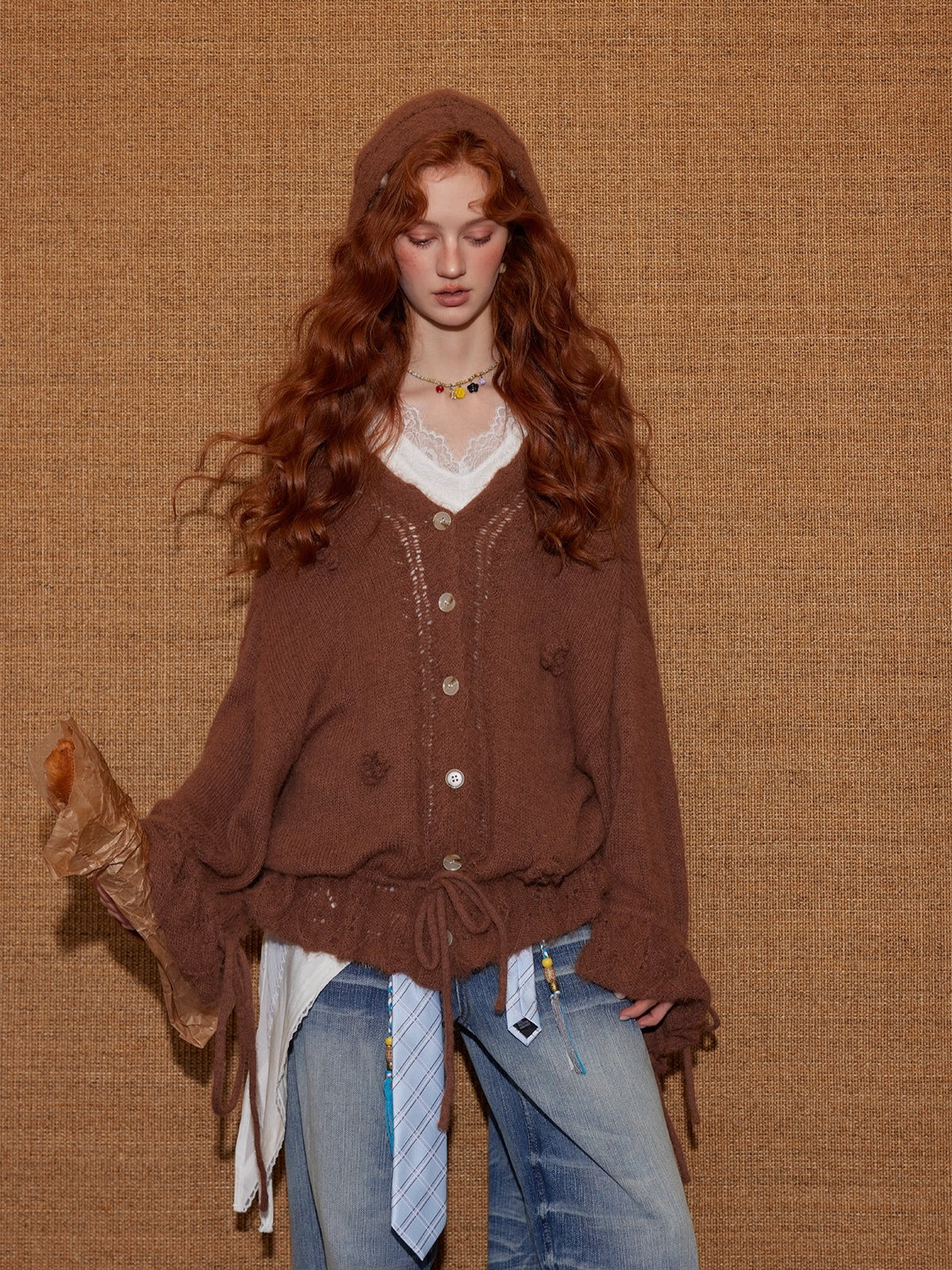 Wool-Blend Drawstring Floral V-Neck Knitted Cardigan - CHINASQUAD