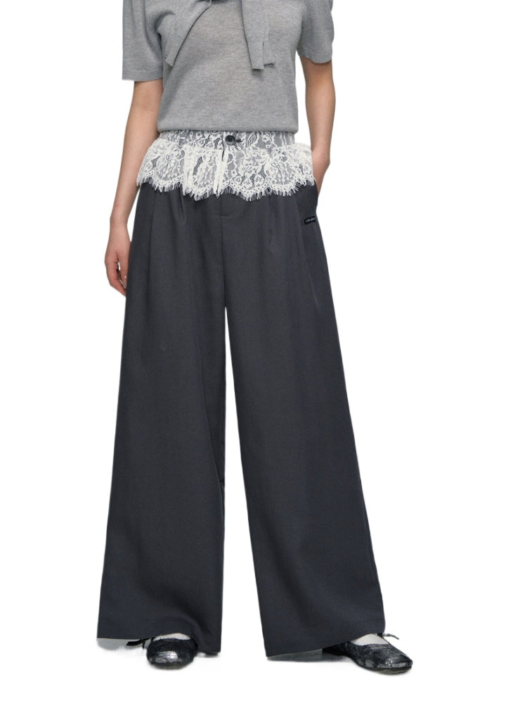 Waistband Lace-spliced Faux Two-piece Long Pants - CHINASQUAD