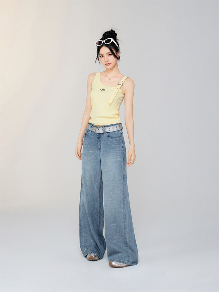 Distressed Coating Denim Wide - leg Pants - CHINASQUAD