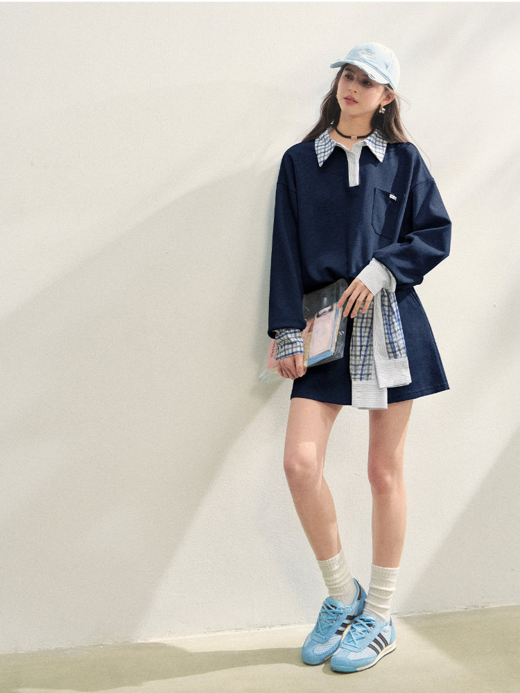 Fake Two-Piece Checkered Shirt Panel Sweatshirt - CHINASQUAD