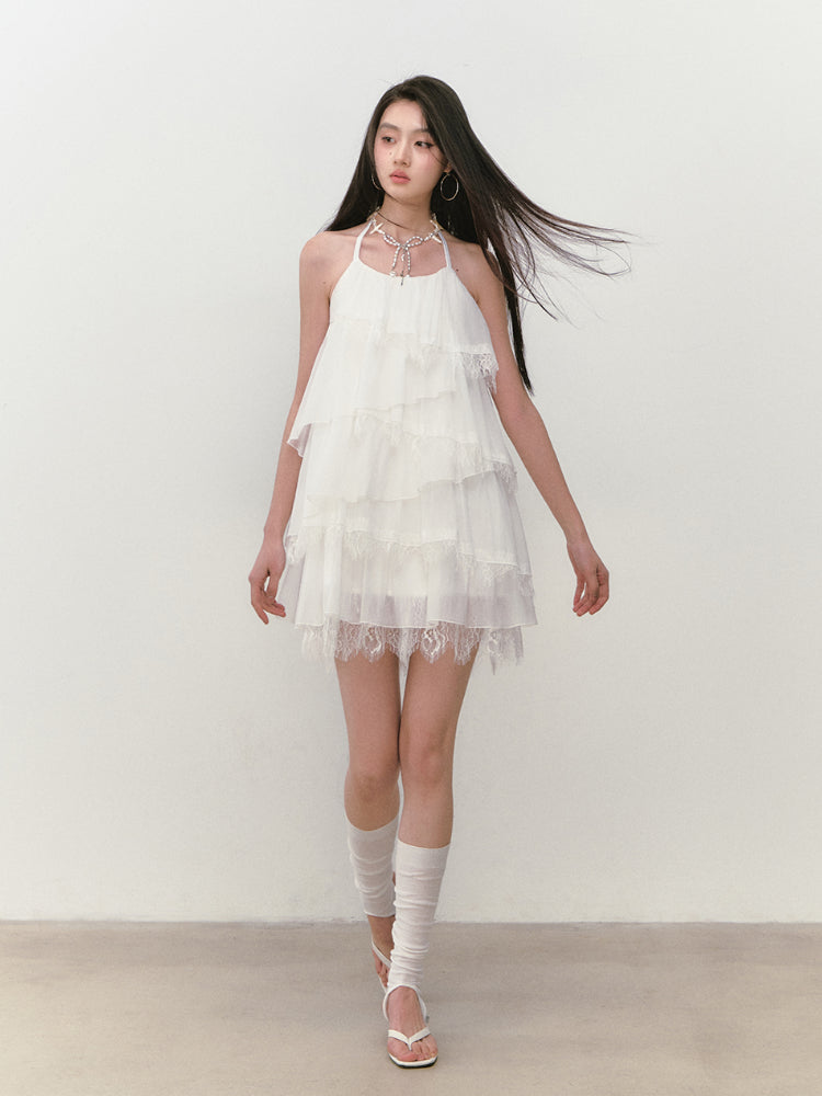 Lace-spliced Cake-style Halter Dress