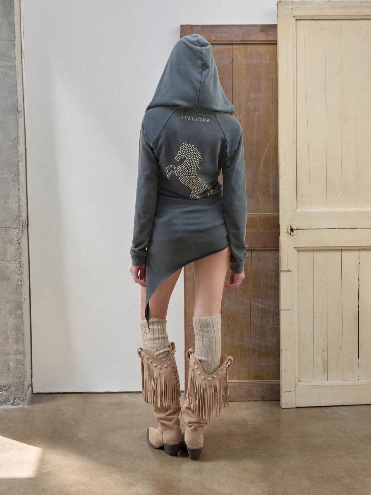 Washed Rhinestone Studded Deconstructed Hoodie Dress - CHINASQUAD