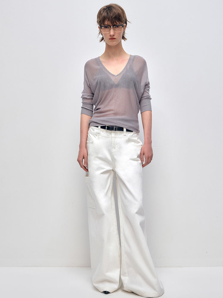 White Cotton Low Waist Wide Leg Jeans - CHINASQUAD