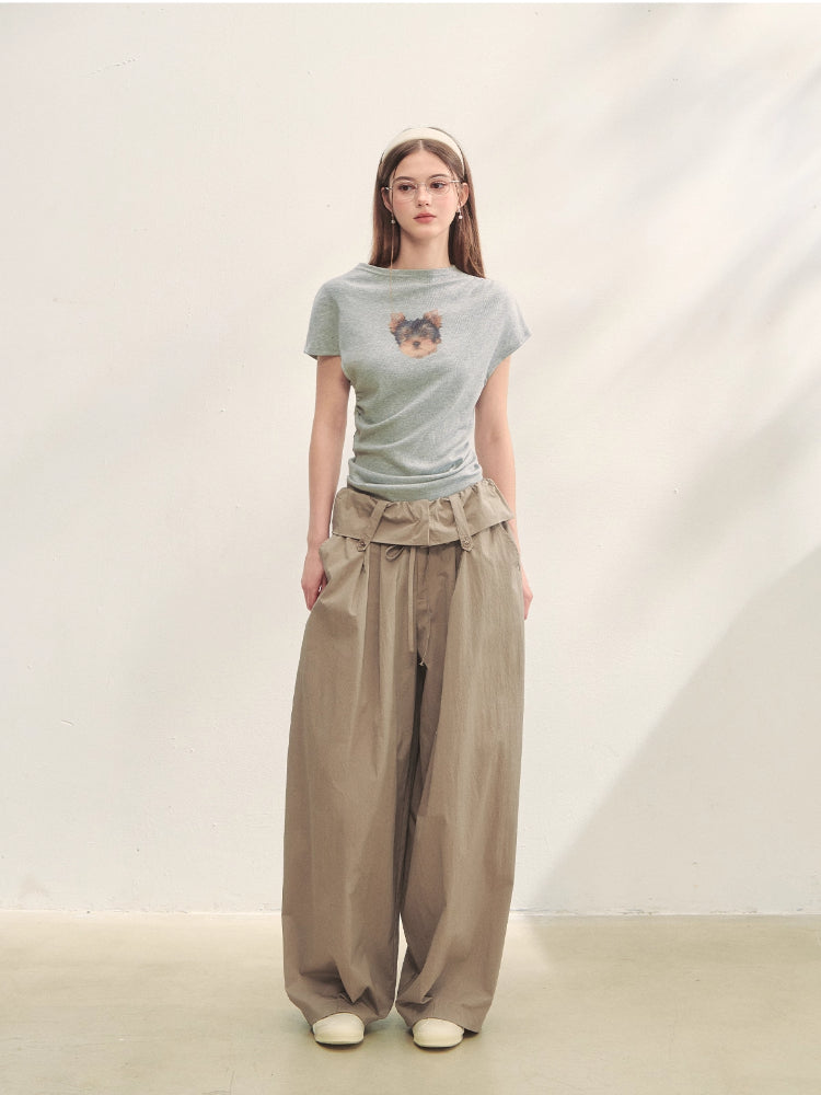 Elastic Pleated Crew Neck T-shirt - CHINASQUAD