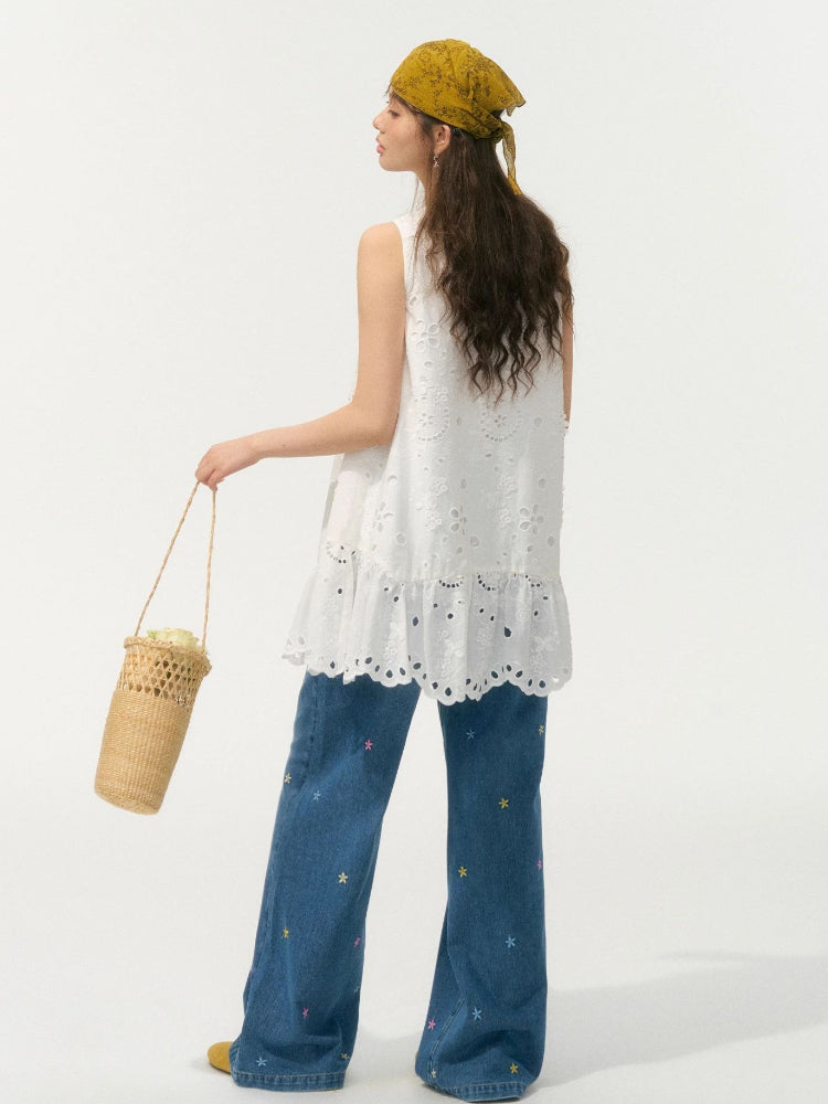 Embroidered High-Waisted Wide-Leg Pants - CHINASQUAD