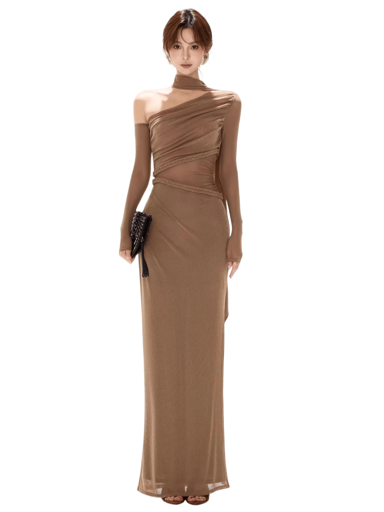 CYNR One-Shoulder Mesh Cut-Out Maxi Dress Brown / L