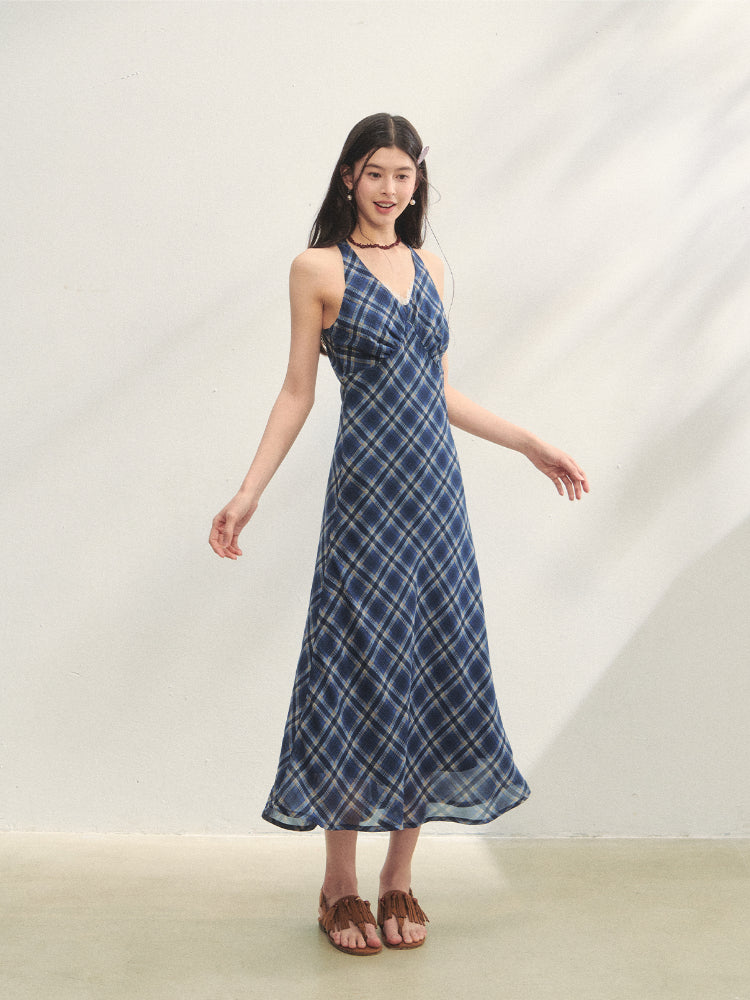 V-Neck Lace Spliced Halter Dress - CHINASQUAD