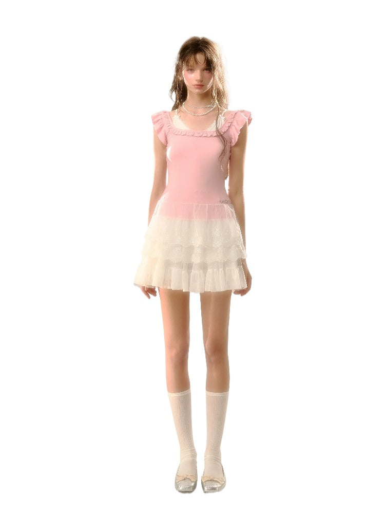 (Final Sale) Blue & Pink Lace Trim T-shirt - CHINASQUAD