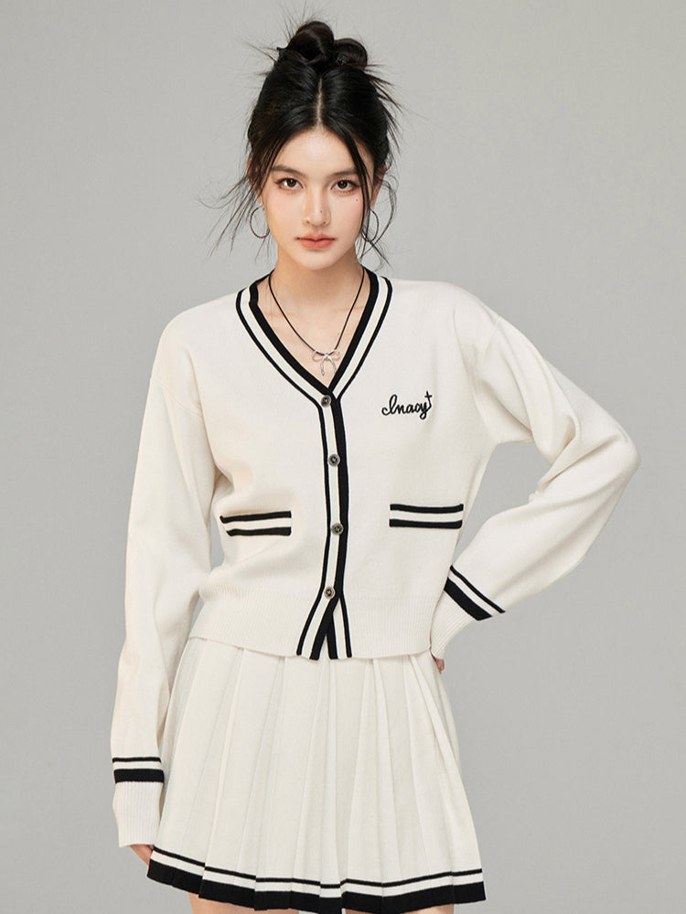 Contrast Color Knit V-neck Cardigan Set - CHINASQUAD