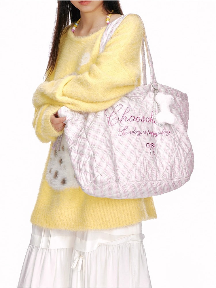 Crystal-Embellished Plaid Large Tote Bag