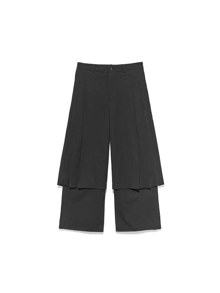 Black & Dark Brown Double-Pleated Skirt Pants - CHINASQUAD