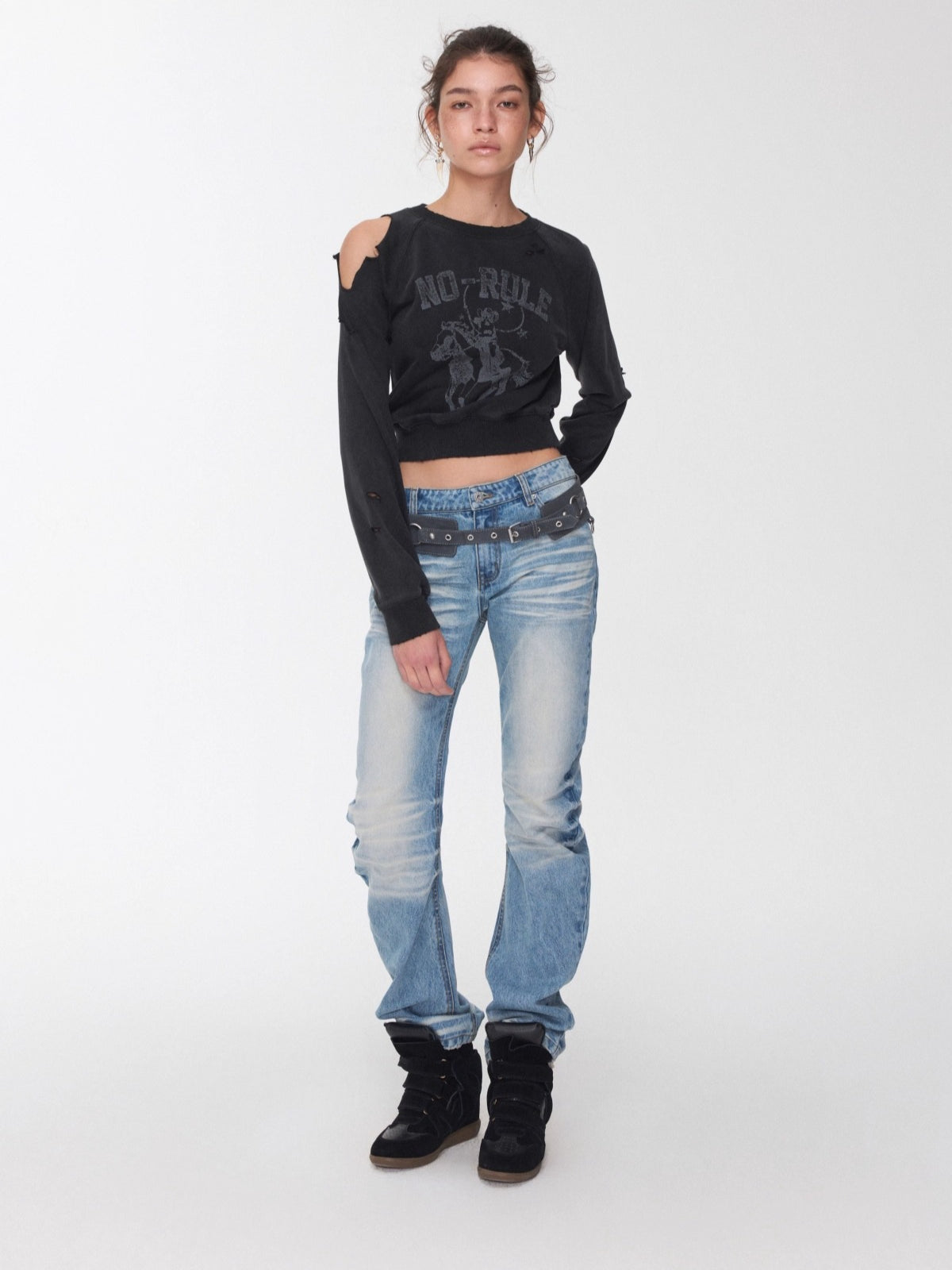Knight Cat Print Distressed Washed Sweatshirt - CHINASQUAD
