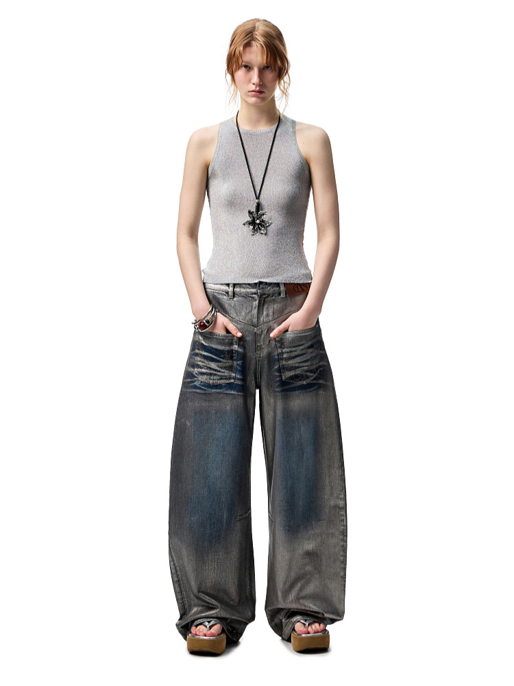 Silver-Foil Embroidered Straight-Leg Denim Curved Pants - CHINASQUAD