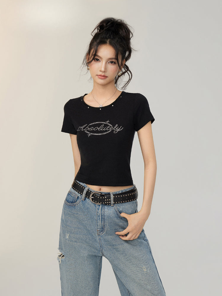 Rivet-Rhinestone Regular Shoulder T-shirt