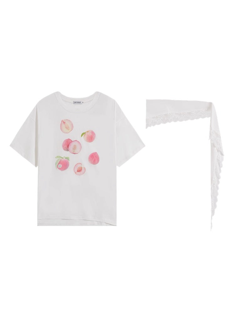 Fruit Print Lace-Trimmed Tie-Up T-shirt - CHINASQUAD