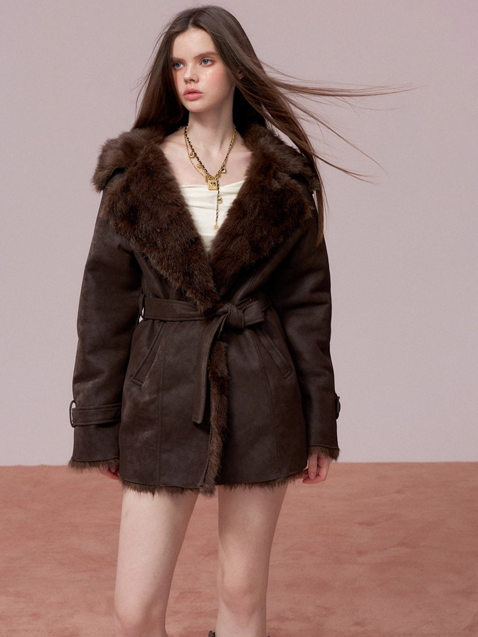 Faux Shearling-Lined PU Belted Coat