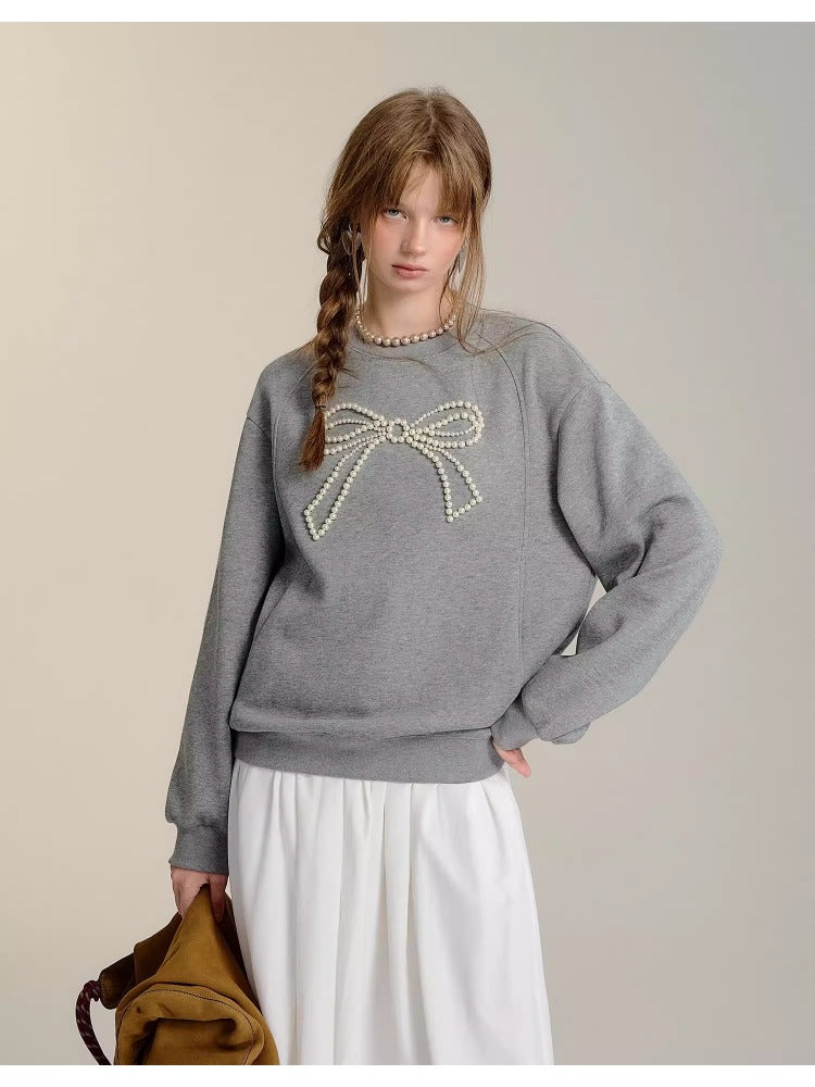 Gray & Navy Blue Butterfly Knot Beaded Pullover Sweatshirt - CHINASQUAD