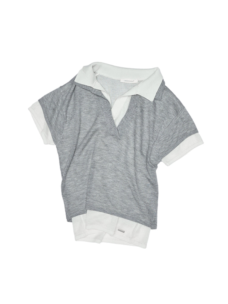 Color-Blocking Fake Two-piece Knit Polo Shirt - CHINASQUAD